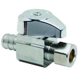 QUARTER TURN STRAIGHT STOP 1/2 INCH NOM CRIMP PEX BARB X 3/8 INCH OD COMPRESSION CHROME