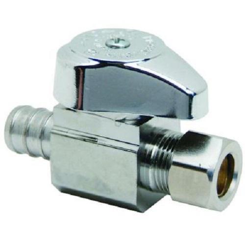QUARTER TURN STRAIGHT STOP 1/2 INCH NOM CRIMP PEX BARB X 3/8 INCH OD COMPRESSION CHROME